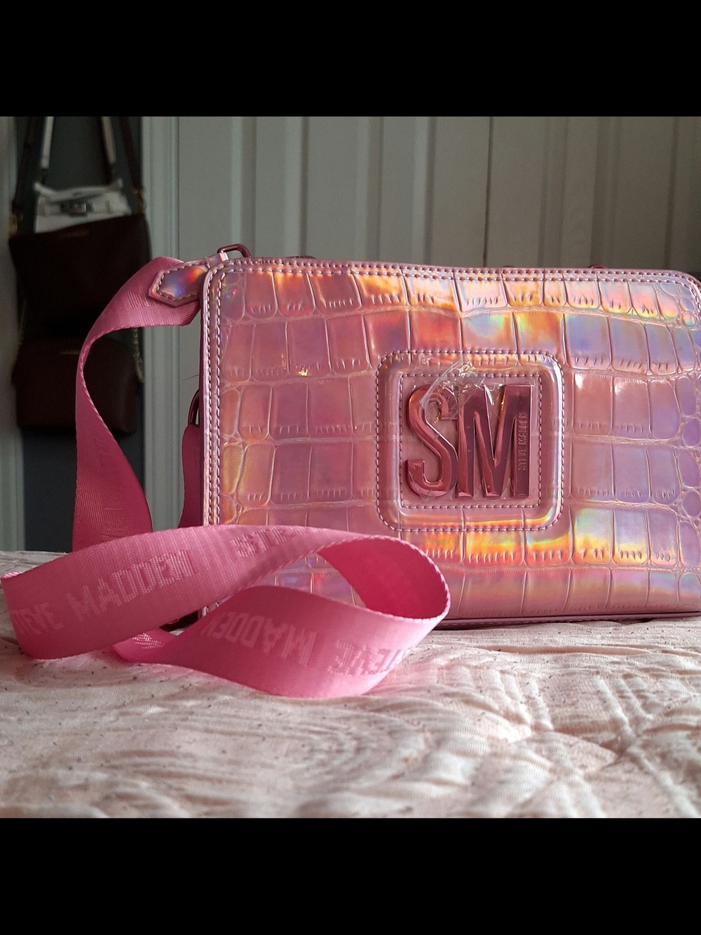 Steve Madden Iridescent Holographic Pink Croc-Embossed Crossbody